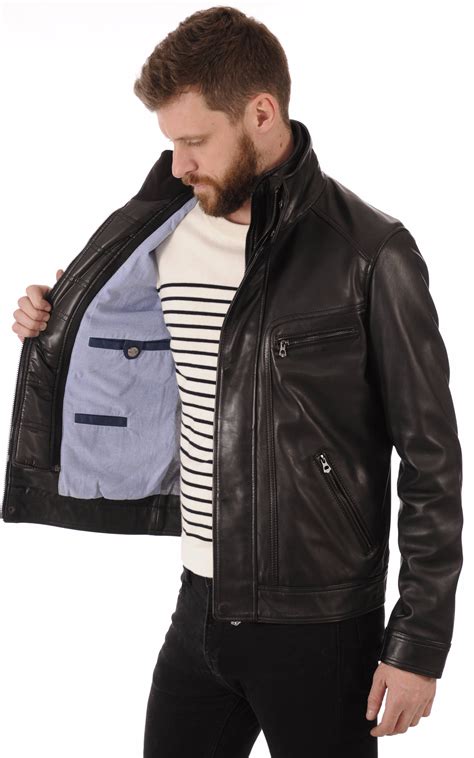 Blouson en cuir et tissu en Noir pour homme 